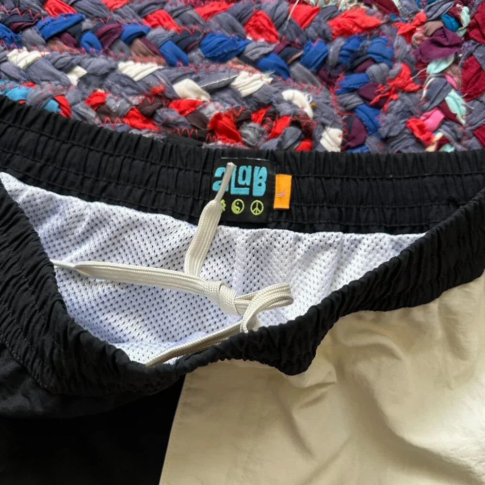 A.LAB Taffy Cherry Dice Black & Beige Two-Tone Board Shorts Men's Size Large 90s